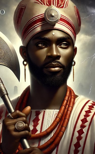 A Regal Black man in fine cream and red embroidered traditional garb, Sango the Orisha of thunder