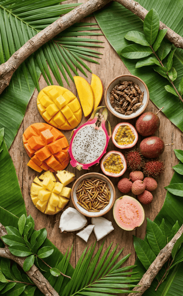 Tropical fruits like dragon fruit and mango served with edible insects on a wooden platter with palm leaves.