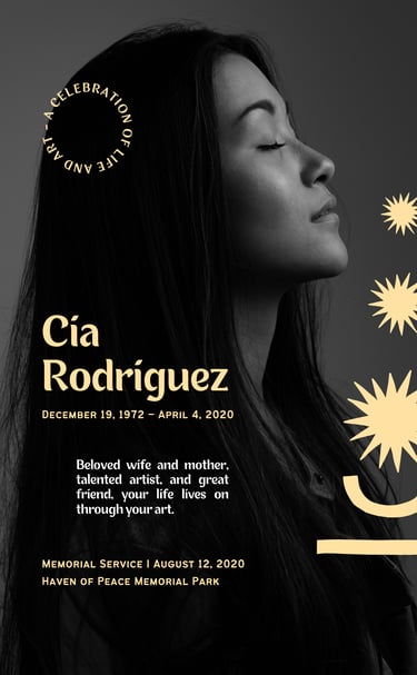 Elegant celebration of life memorial poster with portrait and gold design elements.
