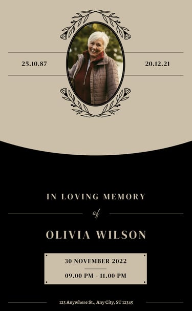 Elegant memorial poster with portrait and service details for Olivia Wilson.