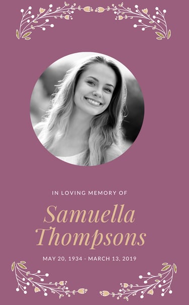 Elegant memorial poster with portrait and remembrance text for Samuella Thompsons.