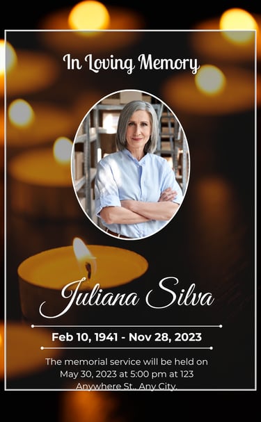 Candle-themed memorial poster with portrait and “In Loving Memory of Juliana Silva” text.