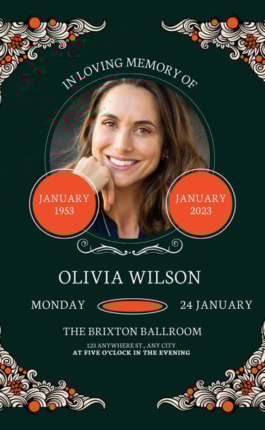 Elegant memorial poster with portrait and service details for Olivia Wilson.