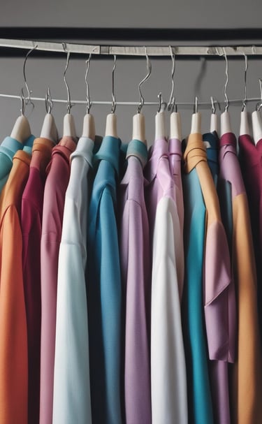 Close-up of a lightweight, patterned polo shirt hanging on a sunlit wooden rack.