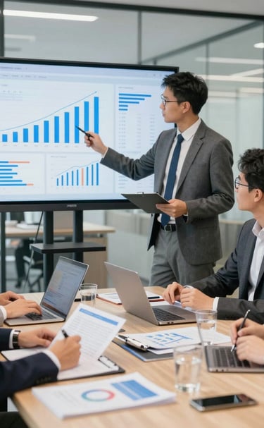 Dynamic shot of professionals analyzing market data with laptops and charts.