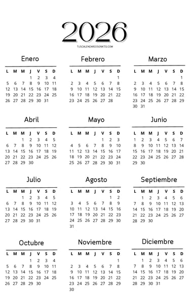 calendario anual 20026 minimalista Cloud Soft para imprimir en pdf tamaño A4 vertical