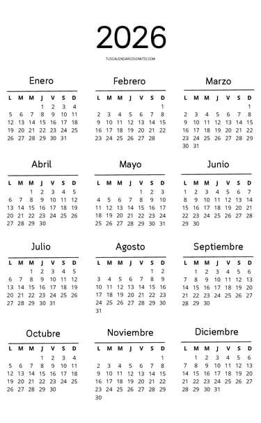 calendario anual 20026 minimalista Cloud Soft para imprimir en pdf tamaño A4 vertical