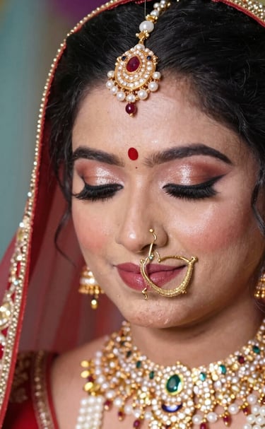 Close-up of a bride with flawless airbrush makeup and elegant hairstyle under soft lighting.