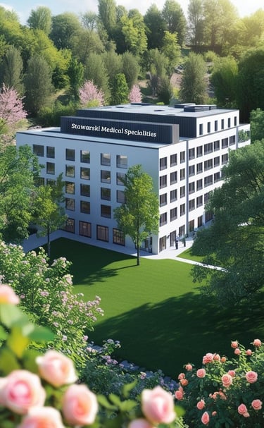 a building with a large building and flowers