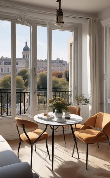Compact living room featuring a stylish sofa and colorful rugs.