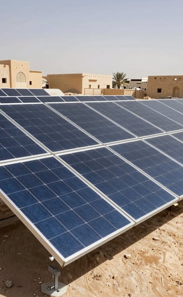 Close-up of high-efficiency solar panels with Dammam’s skyline in the background.