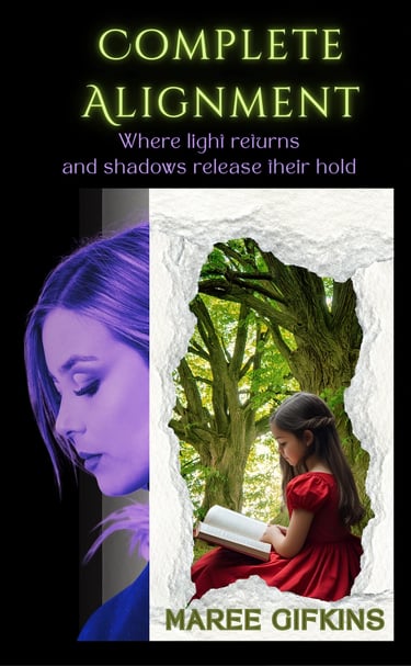 Complete Alignment book cover, sitting girl in red dress reading in a forrest