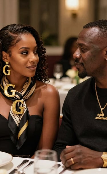 A stylish model wearing the Gold Standard fragrance, surrounded by subtle musical notes and golden accents.