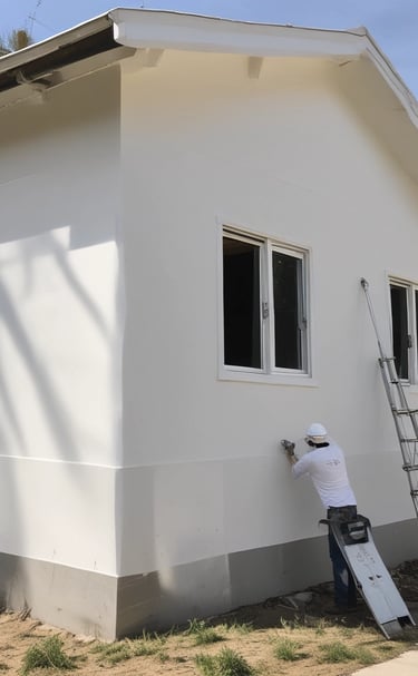 Side view of a house with visible layers of insulation beneath the rendering