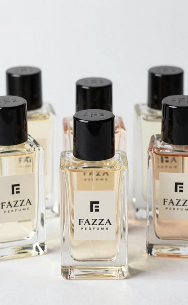 A lineup of Fazza Perfumes bottles showcasing unique designs and elegant shapes.