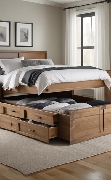 Soft neutral-toned tiny bedroom with a cozy rug and a small potted plant on a floating shelf.