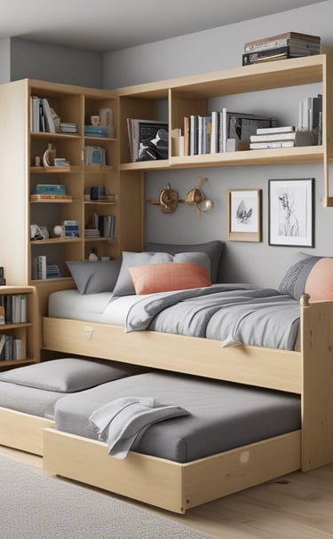 A tiny bedroom featuring a loft bed with built-in shelves underneath and warm fairy lights.