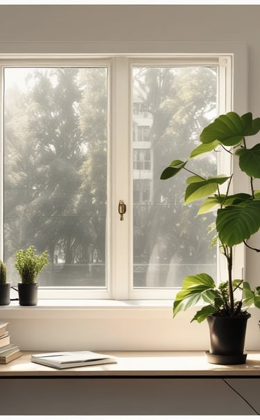 Hands holding a journal and pen beside a cup of herbal tea on a wooden table.
