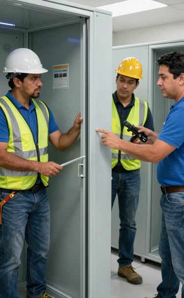 Construction workers installing structural elements on a building frame.