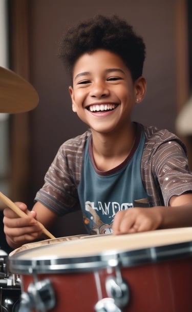Professional drummer teaching a student in a cozy recording studio filled with drums and microphones