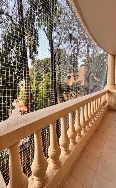 Evening view of a pigeon net covering a large balcony, with soft shadows cast by the setting sun.