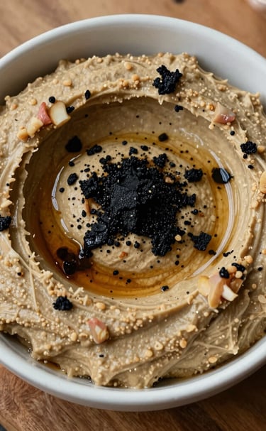 Artisan preparing fresh black garlic and lemon hummus in a rustic kitchen, highlighting the craftsmanship behind the product.