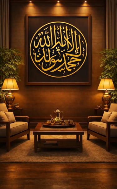 Elegant living room  comfortable armchairs,  table with tea set, gold Shahada  wall art spiritual and oriental atmosphere