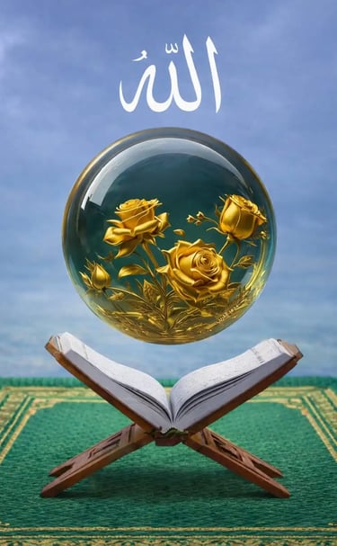 Golden sphere with roses above an open Qur’an symbolizing the Shahada and the Oneness of Allah