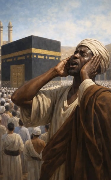Illustration of Bilal ibn Rabah calling the Adhan near the Kaaba, proclaiming the Shahada in the first Islamic call to prayer