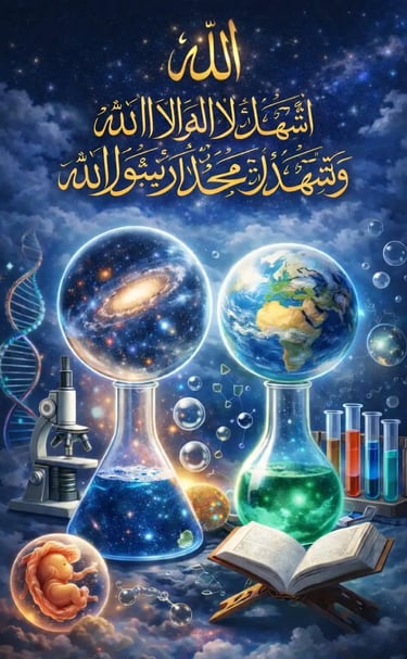islamic shahada arabic calligraphy glowing above universe earth dna microscope quran harmony faith science research