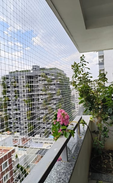 Evening shot of a balcony protected by pigeon nets, with city lights in the background.