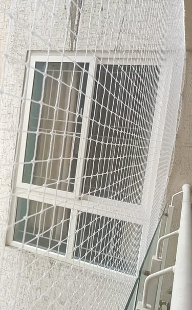 Apartment balcony protected with weather-resistant pigeon nets in mumbai.