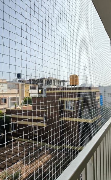 Evening photo capturing the silhouette of a balcony protected by Arjilli's pigeon nets.