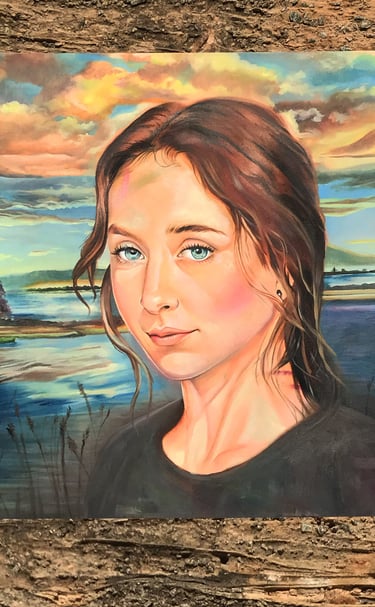 a painting of a woman with blue eyes