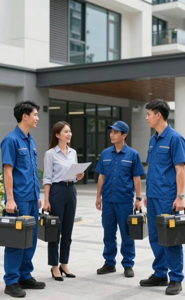 Technician inspecting HVAC unit on a commercial rooftop under a clear sky.