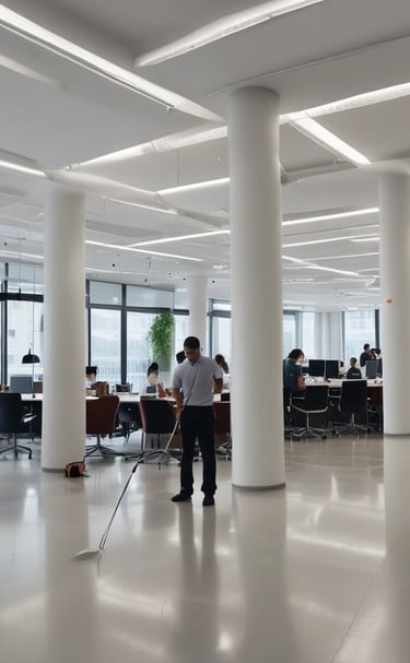 Team members using professional equipment during a seasonal deep clean in a large office.