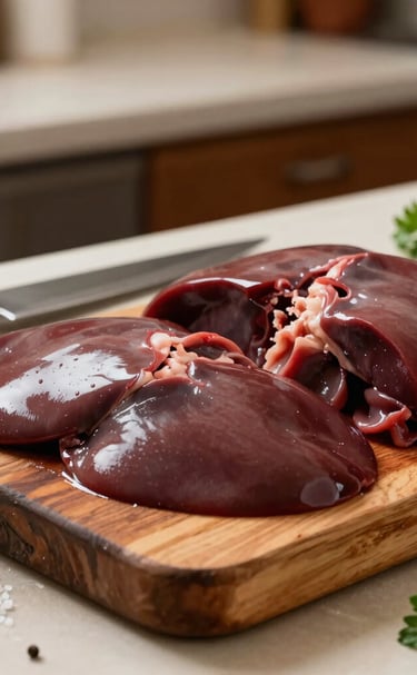 Skewers of seasoned liver and meat grilling over glowing charcoal embers