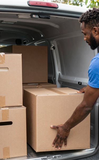 Friendly movers smiling as they carry boxes up a staircase inside a new apartment.