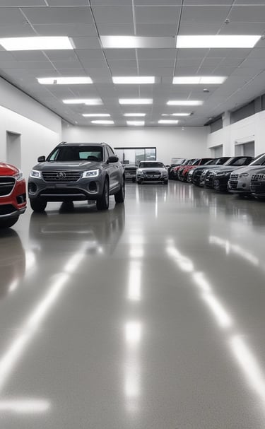 A pristine car dealership showroom floor reflecting bright overhead lights.