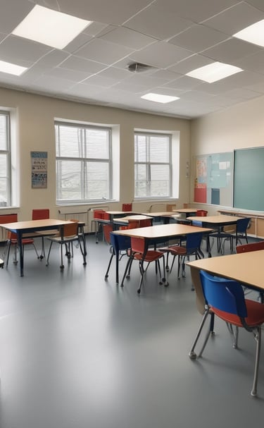 Classroom desks and floors meticulously cleaned and organized.