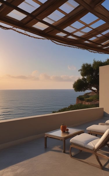 a patio with lounge chairs and a view of the ocean