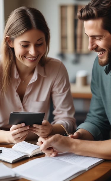 Smiling young couple using a digital tablet while communicating about their plans at a cafe table.