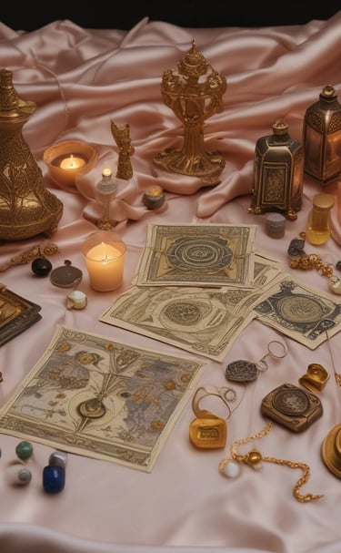 A beautifully arranged tarot deck with gold and deep indigo accents.