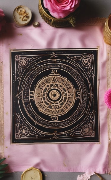 A serene space for rituals adorned with deep indigo and gold decor.