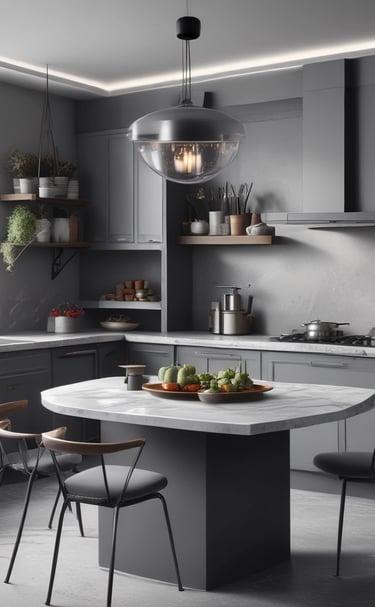 Modern aluminum kitchen cabinetry with sleek handles and glass accents.