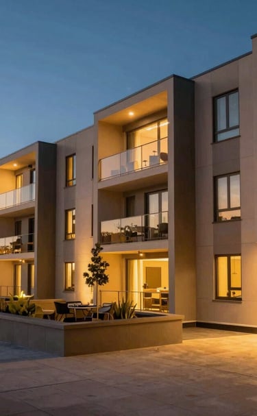 A sleek, modern living room with floor-to-ceiling windows overlooking a city skyline at dusk.