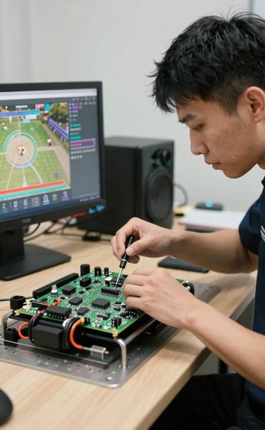 Technician performing a diagnostic check on a 55-inch Android TV at a customer's home.