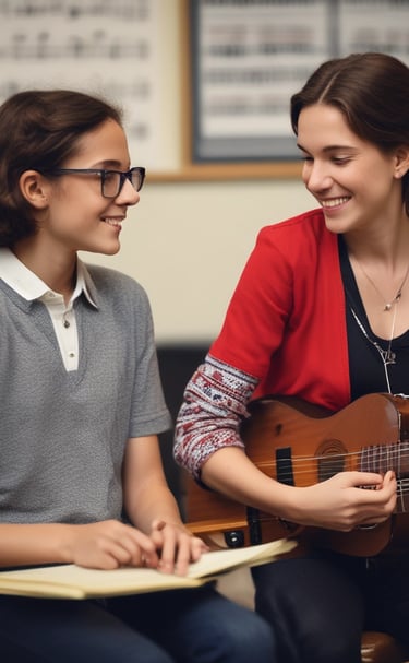 Diane and a voice student sharing a laugh mid-lesson in a bright, music-filled studio corner.