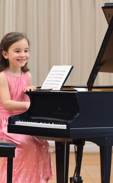 A smiling young girl in a pink dress playing a black grand piano during a music recital.