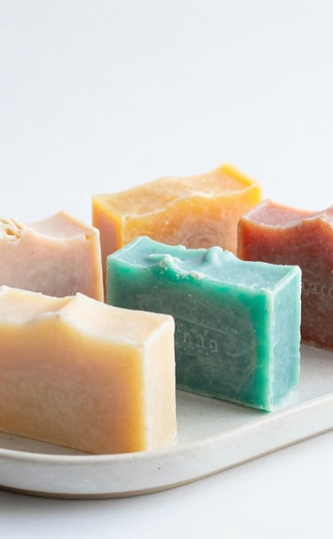 Close-up of a delicate heart-shaped soap in soft pink hues resting on a purple silk cloth.